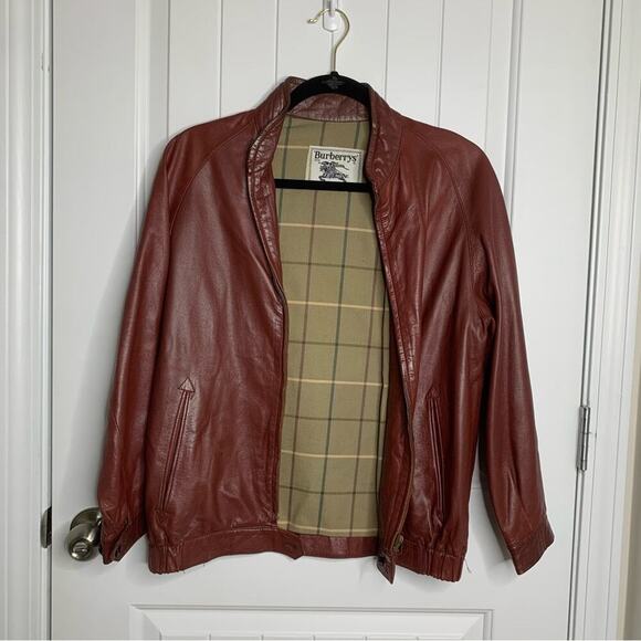 Vintage Burberry wine red leather bomber jacket size 6‎ US women’s plaid lining - Picture 1 of 8